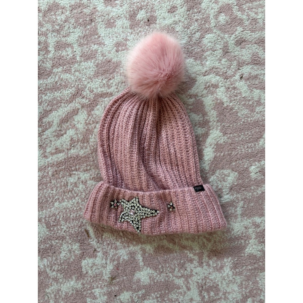 Victoria's Secret Pink Rhinestone Star Faux Fur Pom Beanie Hat ST 387875